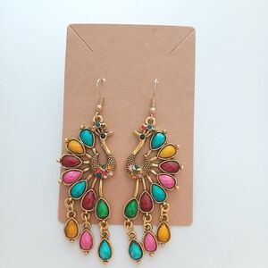 Fashion Jewelry Gold-Tone Multicolor Peacock Drop Earrings